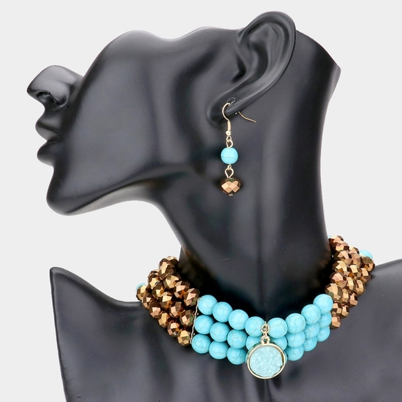 Blue Turquoise Choker Pendant Necklace Layered Fashion Statement Jewelry Set - Picture 1 of 2